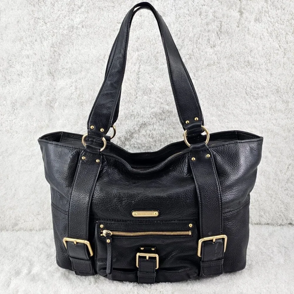 MICHAEL KORS Austin Black Pebble Leather Shoulder Bag Tote Gold Buckle Accents